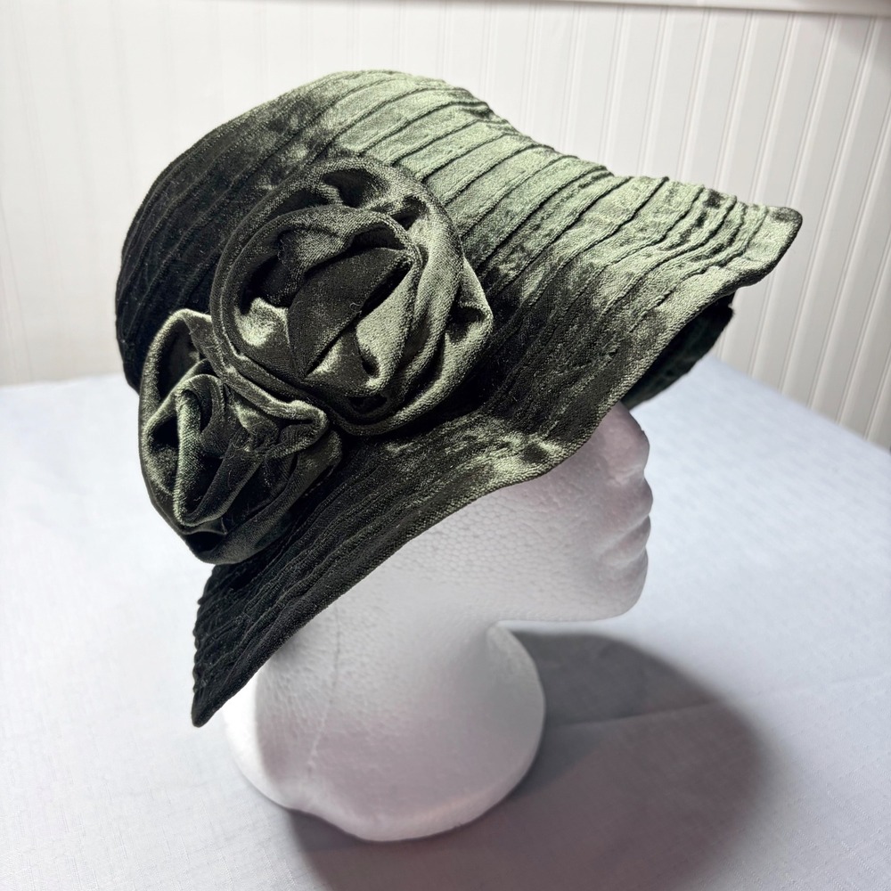 F.C.C Cloche Bucket Hat OSFA Olive Green Crushed Velvet Rosette Flower Accent
